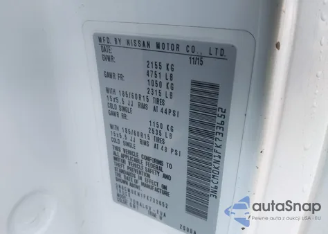 2015 Nissan Nv200 Sv z USA, uszkodzony, nr VIN 3N6CM0KN1FK733652